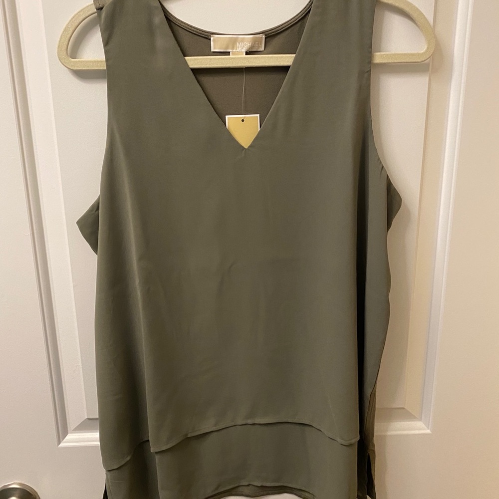 Michael Kors - olive green, chiffon front v-neck sleeveless top - L